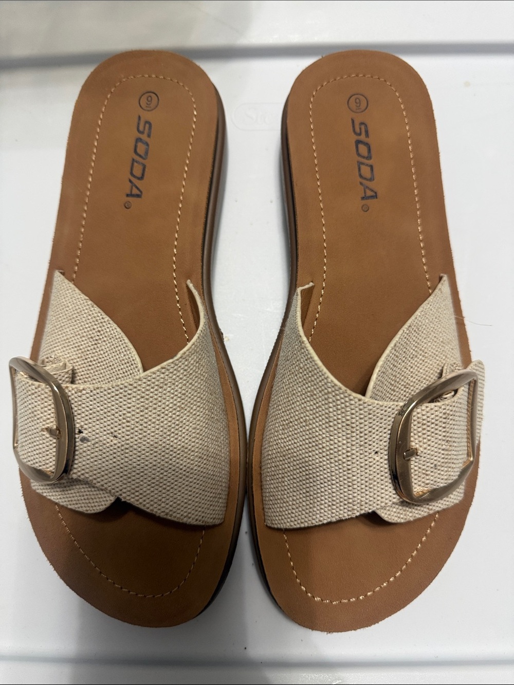 Soda Beige Canvas Slide Sandals with Gold Buckle